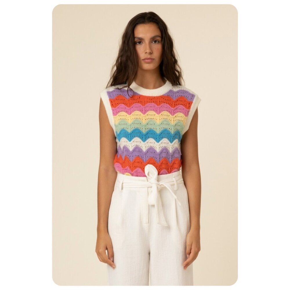 FRNCH Multicolor Crochet Wave Knit Vest